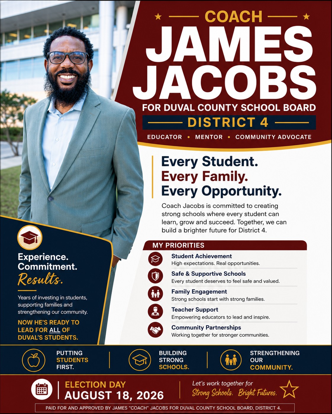 Campaign flyer, Coach James Jacobs for Duval County School Board, District 4. Experience. Commitment. Results. Educator, mentor, community advocate. Every Student. Every Family. Every Opportunity. Priorities: Student Achievement, Safe & Supportive Schools, Family Engagement, Teacher Support, Community Partnerships. Putting students first, building strong schools, strengthening our community. Election Day August 18, 2026.