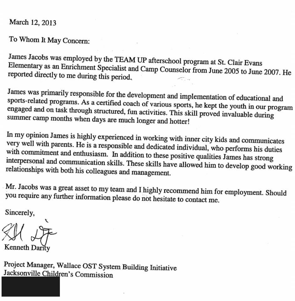 Letter dated 12 March 2013 from Kenneth Darity, Project Manager at the Jacksonville Children's Commission, recommending James Jacobs based on supervising him at the TEAM UP after-school program