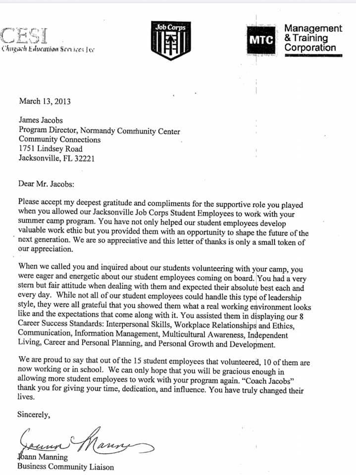 Letter dated 13 March 2013 from Joann Manning, Business Community Liaison at Jacksonville Job Corps, thanking James Jacobs for hosting fifteen student employees at his summer camp program