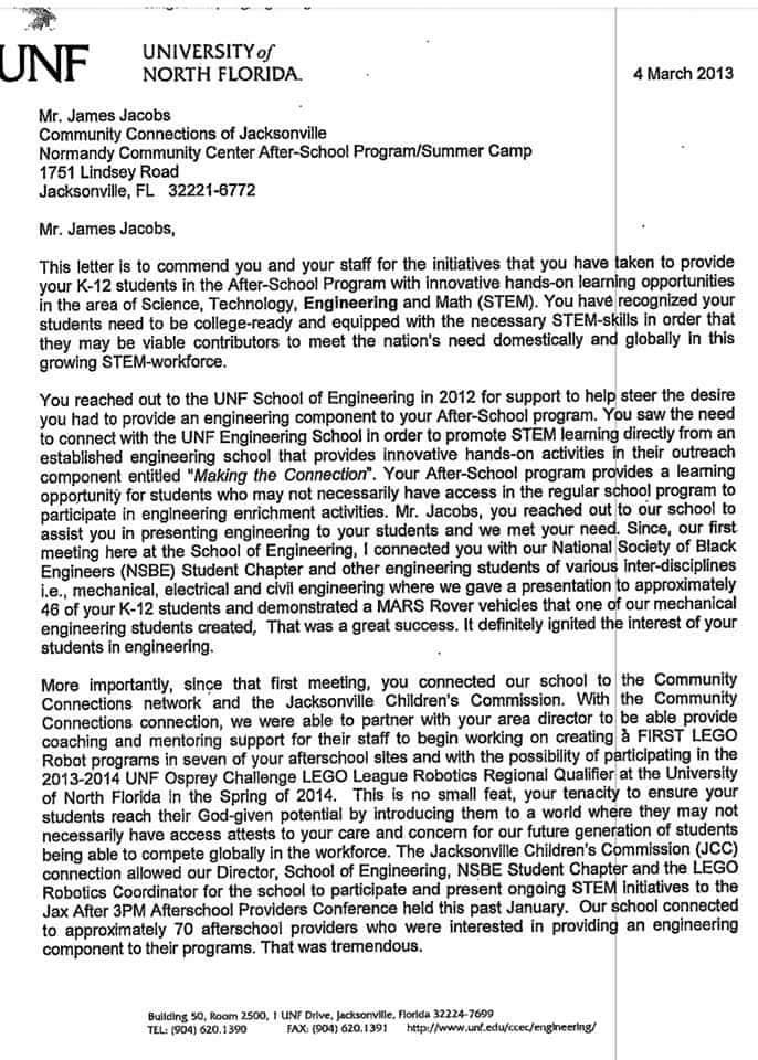 Two-page letter dated 4 March 2013 from Kathie Carswell, STEM Outreach Coordinator at the University of North Florida School of Engineering, commending James Jacobs for building STEM and robotics opportunities into his after-school program (page 1 of 2)